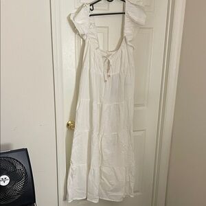 White Ruffle-Shoulder Tiered Maxi Dress